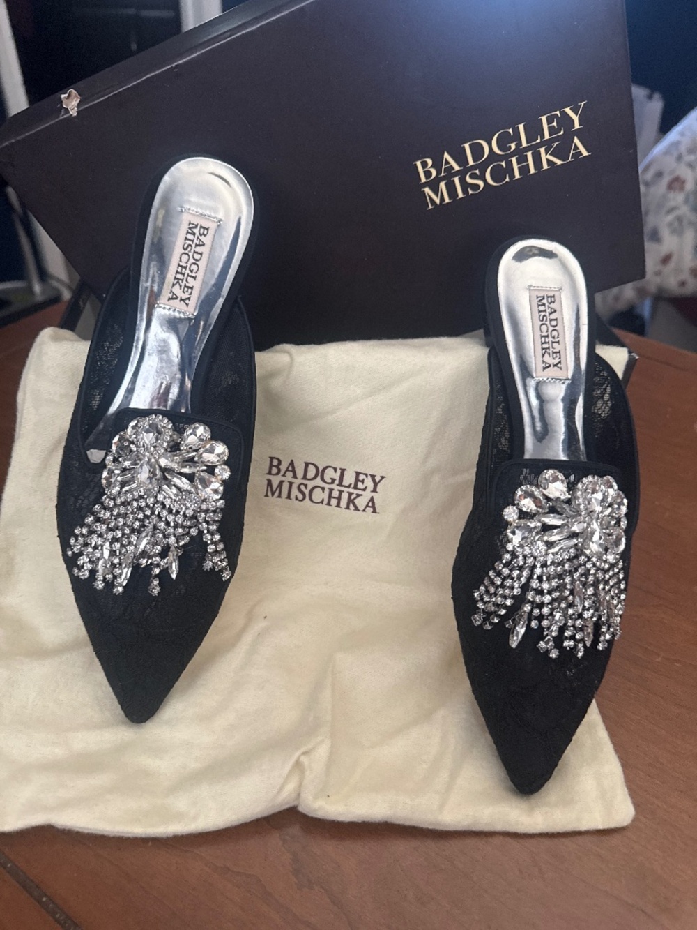 Badgley Mischka lace and rhinestone mules Farley